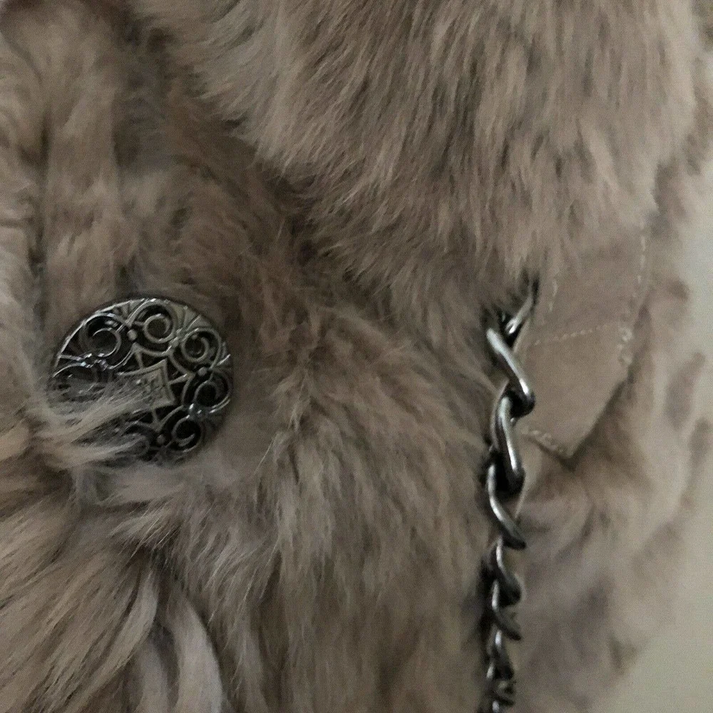 Love Token Natural Rabbit Fur Vest Taupe Sz XS Chain Belt Faux Suede Buttoned - Picture 4 of 8